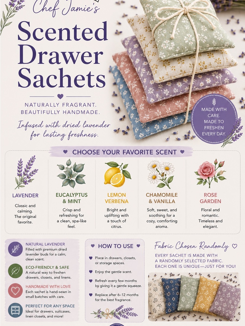 Scented Drawer Sachets - set of 3 random Sent & Colors